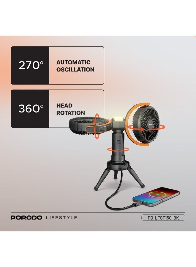 porodo Dual Head Oscillating Fan With Tripod Base / 2-Level LED Lights / 8000mAh Power Bank / 15W Fan Power / USB-C Charging Port Lightweight / Compact Design / 360° Multifunctional Adjustable Fan- Black - Image 5